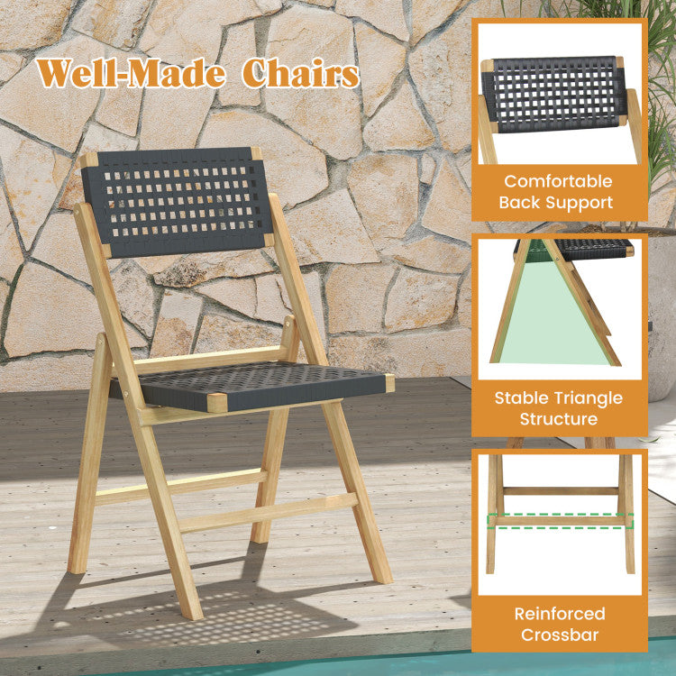 Set of 2 Patio High-Back Folding Chairs Portable Solid Teak Wood Dining Chairs with Woven Rope Seat &amp; Back