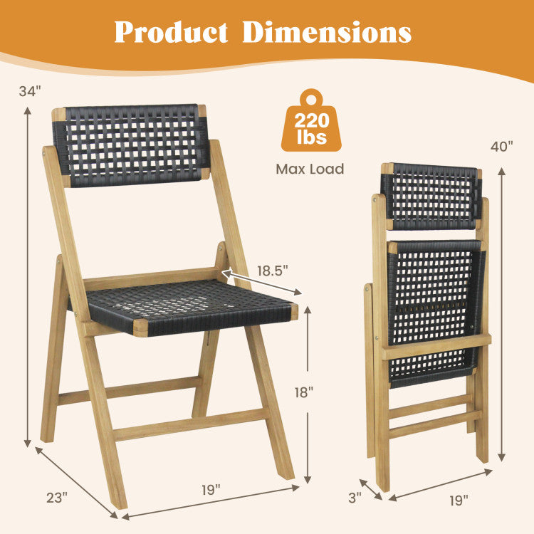 Set of 2 Patio High-Back Folding Chairs Portable Solid Teak Wood Dining Chairs with Woven Rope Seat &amp; Back