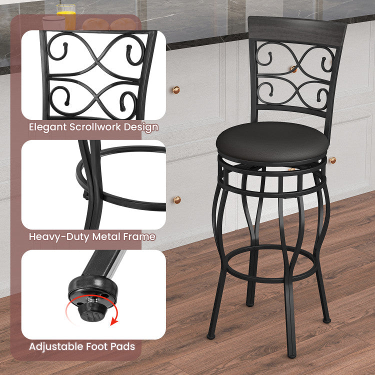 2 Pieces 360 Degree Swivel Vintage Bar Stools 30" Counter Height Bistro Dining Chairs with Leather Padded Seat