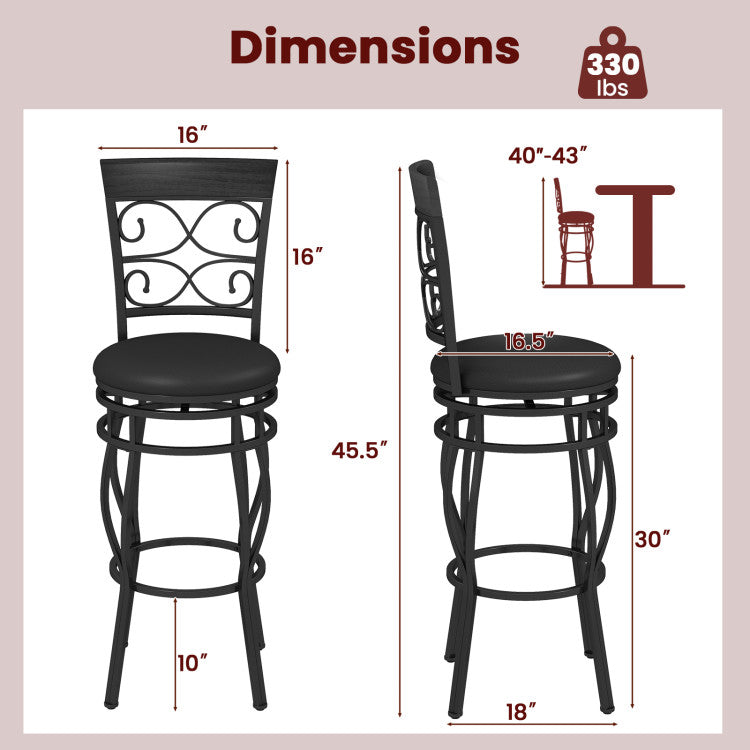 2 Pieces 360 Degree Swivel Vintage Bar Stools 30" Counter Height Bistro Dining Chairs with Leather Padded Seat