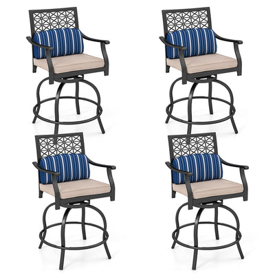 2 Pieces Outdoor Bar Height Metal Swivel Chairs with Soft Cushions