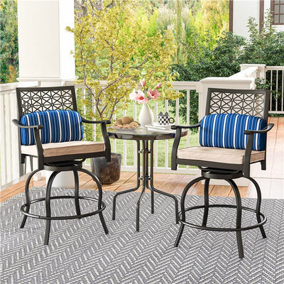 2 Pieces Outdoor Bar Height Metal Swivel Chairs with Soft Cushions