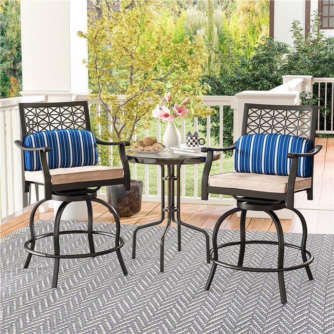 Set of 2 Patio Swivel Bar Stools Outdoor Bar Height Chairs with Soft Cushions and Steel Frame