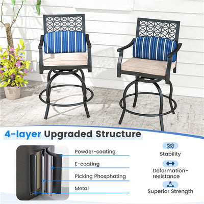 Set of 2 Patio Swivel Bar Stools Outdoor Bar Height Chairs with Soft Cushions and Steel Frame
