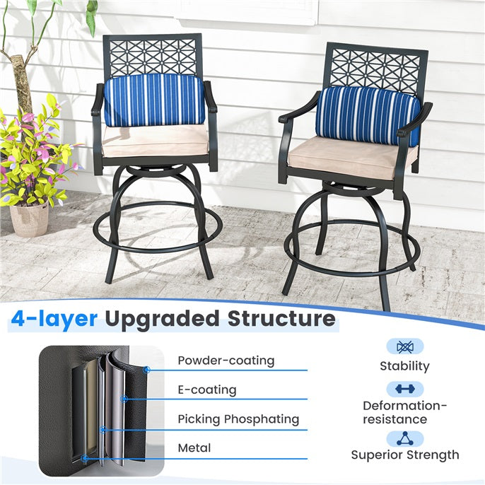 2 Pieces Outdoor Bar Height Metal Swivel Chairs with Soft Cushions
