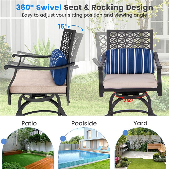 2 Pieces Outdoor Bar Height Metal Swivel Chairs with Soft Cushions