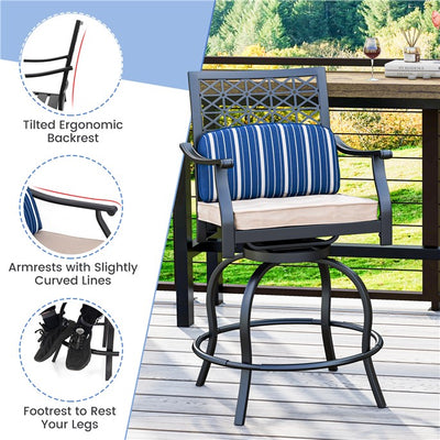 Set of 2 Patio Swivel Bar Stools Outdoor Bar Height Chairs with Soft Cushions and Steel Frame