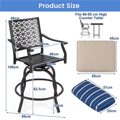 Set of 2 Patio Swivel Bar Stools Outdoor Bar Height Chairs with Soft Cushions and Steel Frame