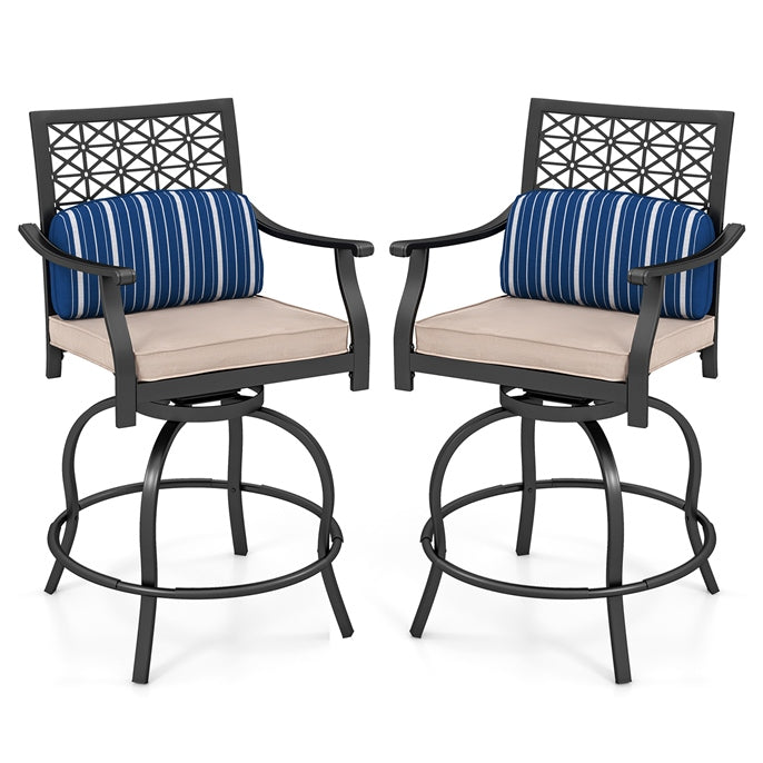Set of 2 Patio Swivel Bar Stools Outdoor Bar Height Chairs with Soft Cushions and Steel Frame