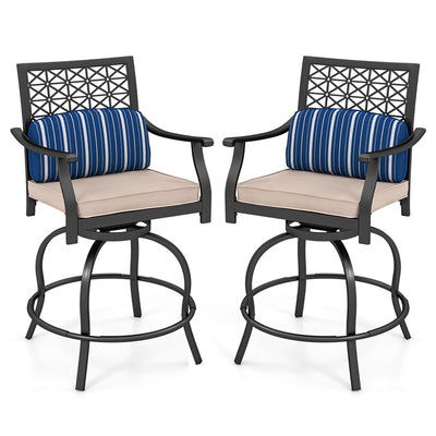 2 Pieces Outdoor Bar Height Metal Swivel Chairs with Soft Cushions