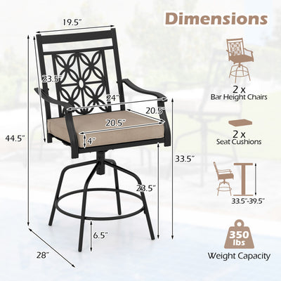 Set of 2 Outdoor Swivel Bar Stools 360-Degree Swivel Patio Bar Chairs with Adjustable Foot Pads and Cushions