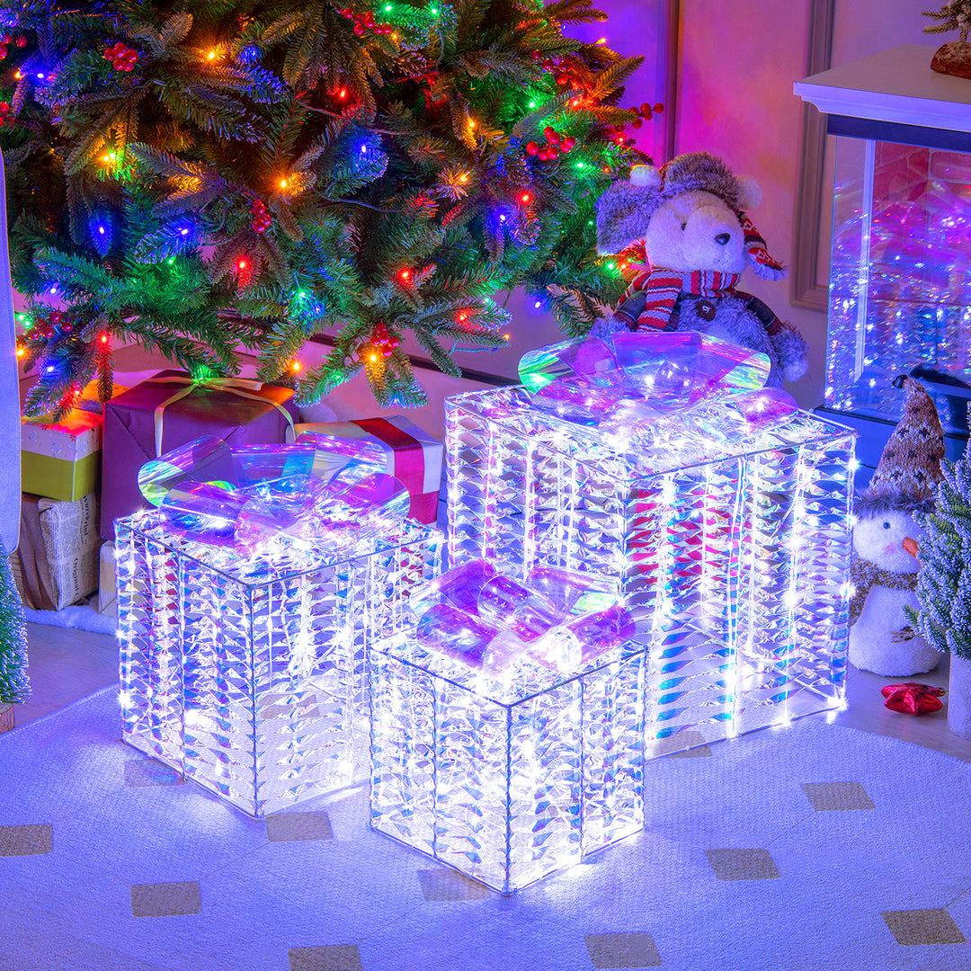 Set of 3 Iridescent Christmas Gift Box, 156 Cold White LED Lighted Present Boxes w/Iridescent Bows