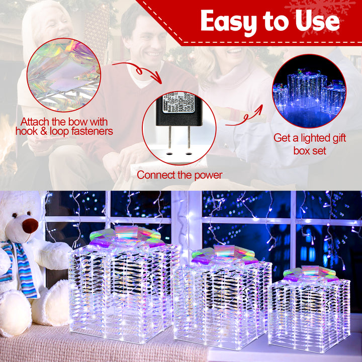 Set of 3 Iridescent Christmas Gift Box, 156 Cold White LED Lighted Present Boxes w/Iridescent Bows
