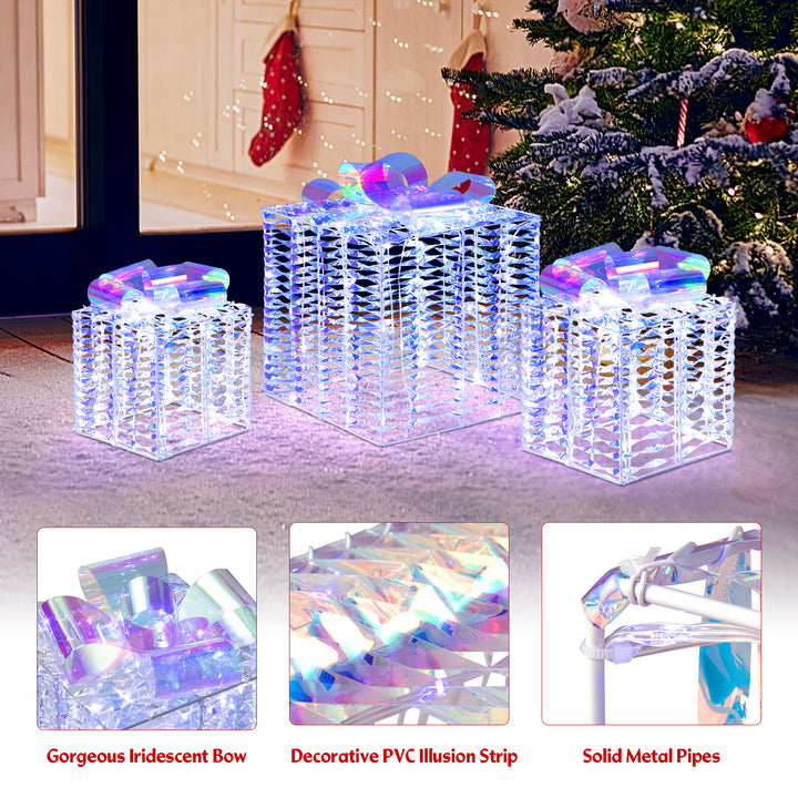Set of 3 Iridescent Christmas Gift Box, 156 Cold White LED Lighted Present Boxes w/Iridescent Bows