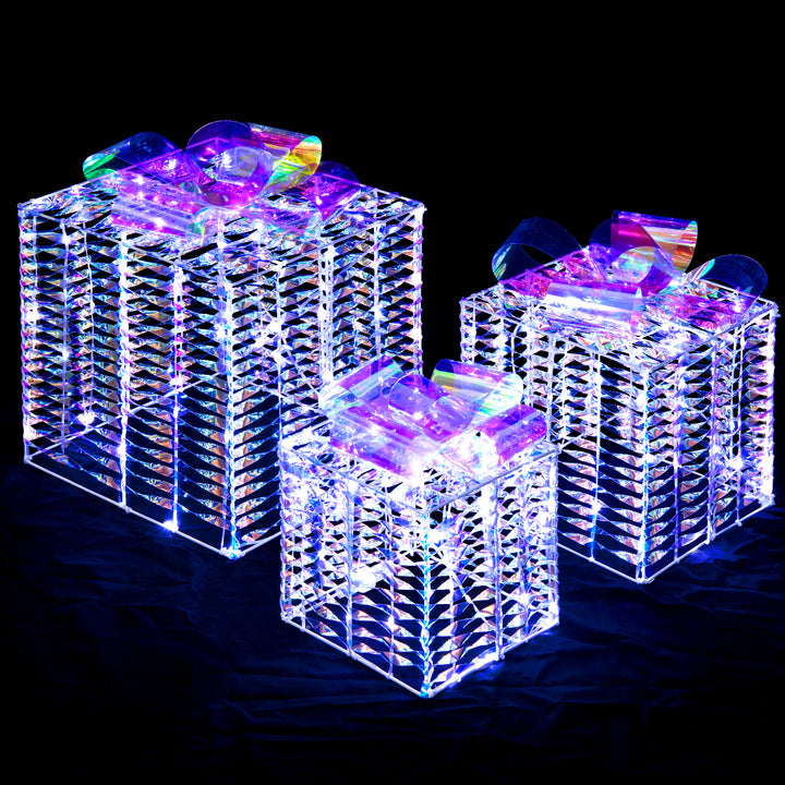 Set of 3 Iridescent Christmas Gift Box, 156 Cold White LED Lighted Present Boxes w/Iridescent Bows