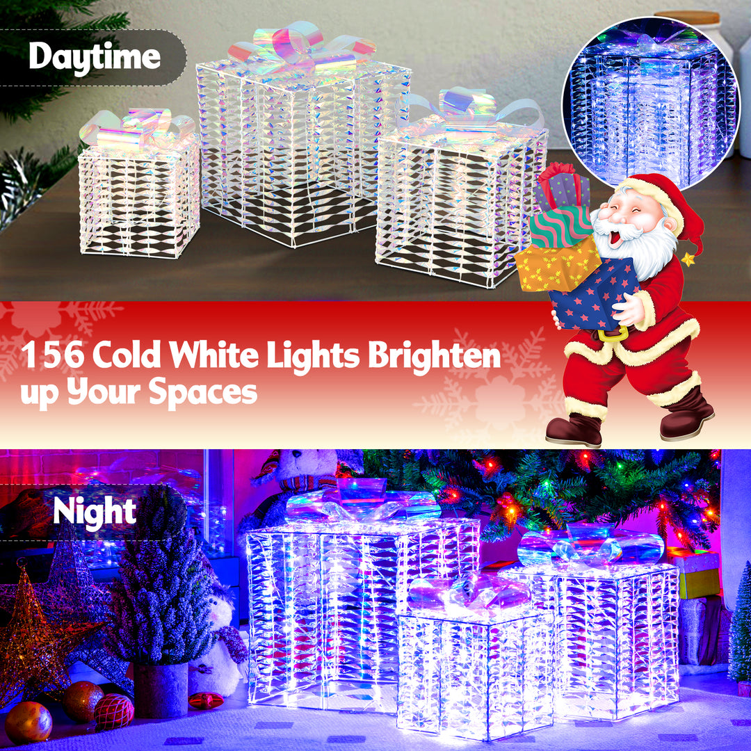 Set of 3 Iridescent Christmas Gift Box, 156 Cold White LED Lighted Present Boxes w/Iridescent Bows