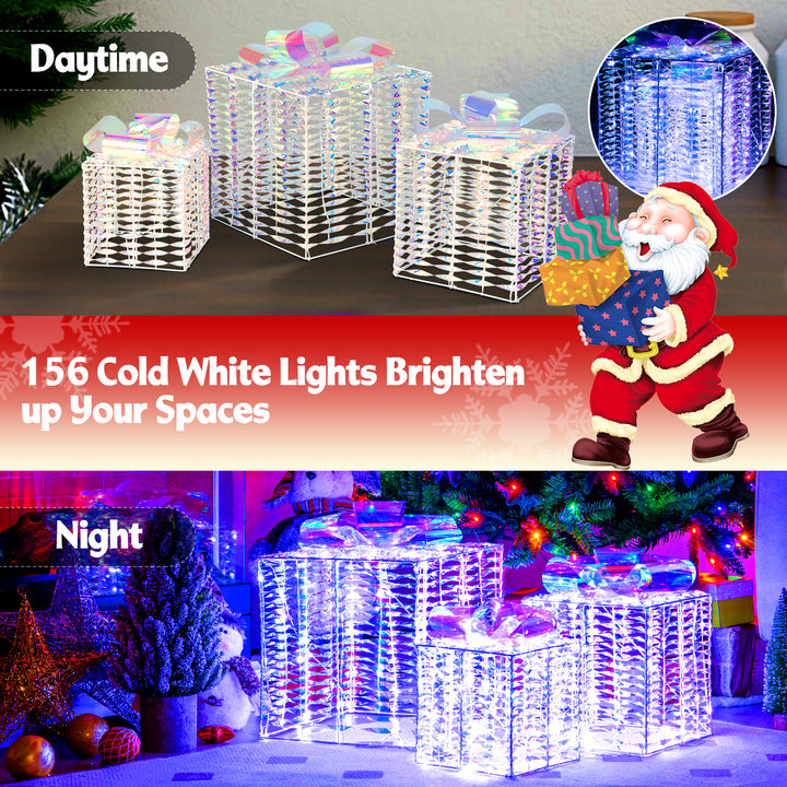 Set of 3 Iridescent Christmas Gift Box, 156 Cold White LED Lighted Present Boxes w/Iridescent Bows