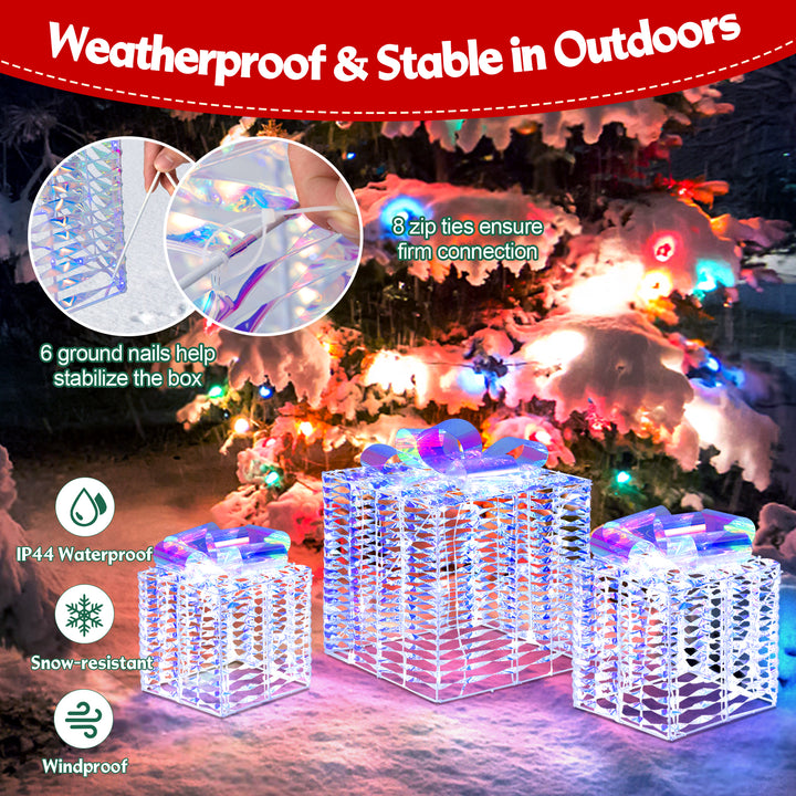 Set of 3 Iridescent Christmas Gift Box, 156 Cold White LED Lighted Present Boxes w/Iridescent Bows