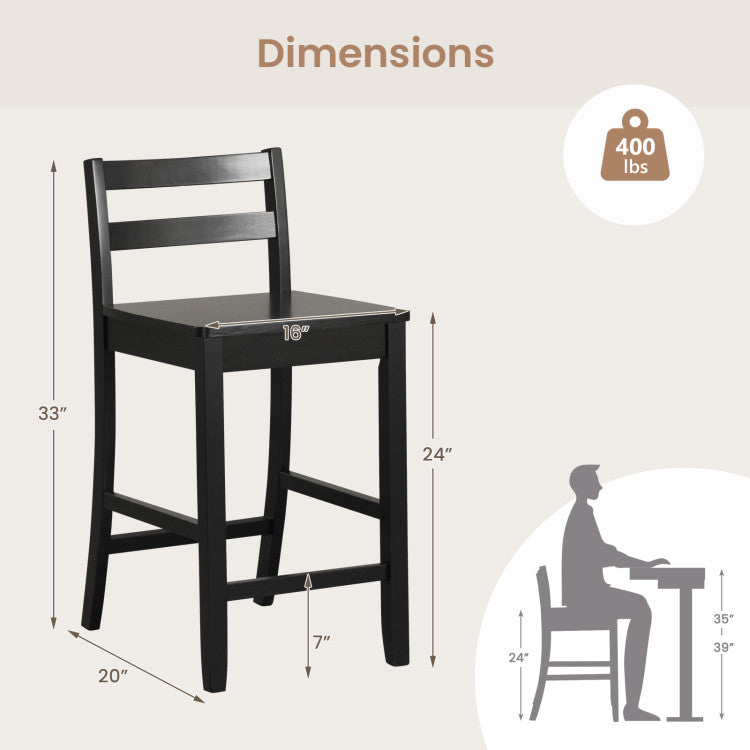 Set of 2 Counter Height Bar Stools 24-Inch Wooden Bar Chairs with Ergonomic Backrest and Footrest for Kitchen Island