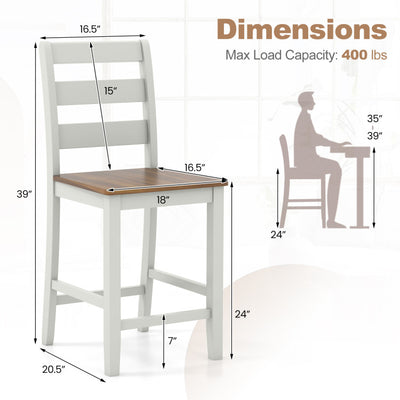 Set of 2 Counter Height Bar Stools Wooden Kitchen Island Chairs with Inclined Backrest and Footrest