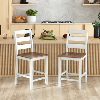 Set of 2 Counter Height Bar Stools Wooden Kitchen Island Chairs with Inclined Backrest and Footrest