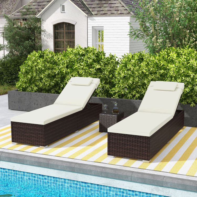 Set of 2 Outdoor PE Rattan Reclining Chair Patio Chaise Lounge with 6-Level Backrest and Headrest