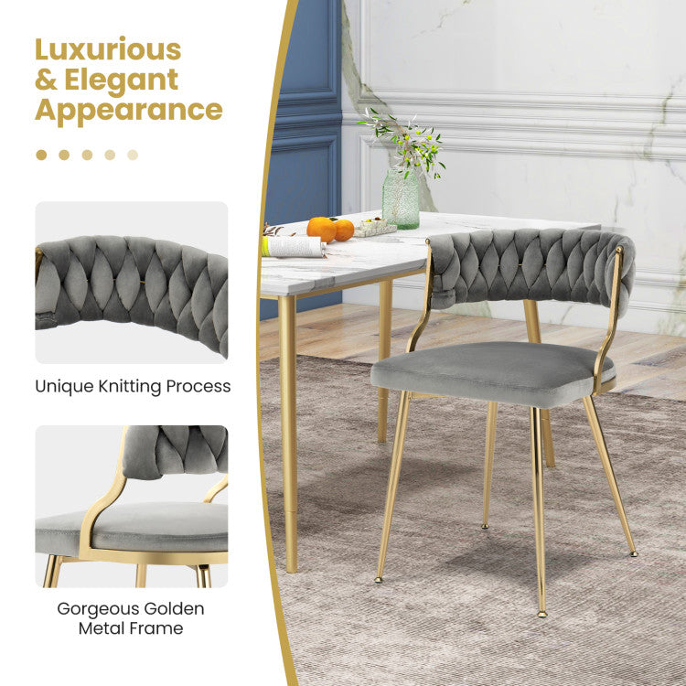 Set of 2 Velvet Dining Chair Set Woven Upholstered Side Chair with Curved Backrest and Metal Legs