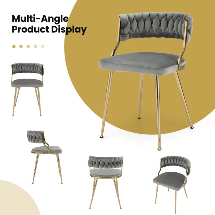 Set of 2 Velvet Dining Chair Set Woven Upholstered Side Chair with Curved Backrest and Metal Legs