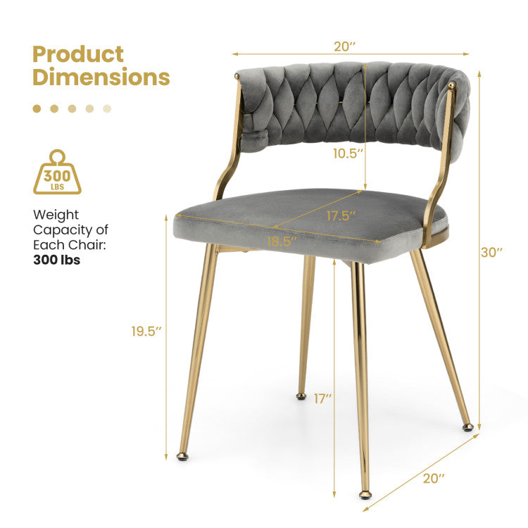 Set of 2 Velvet Dining Chair Set Woven Upholstered Side Chair with Curved Backrest and Metal Legs