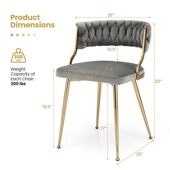 Set of 2 Velvet Dining Chair Set Woven Upholstered Side Chair with Curved Backrest and Metal Legs