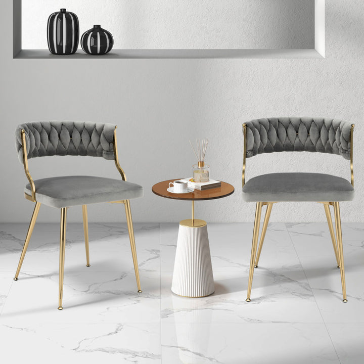 Set of 2 Velvet Dining Chair Set Woven Upholstered Side Chair with Curved Backrest and Metal Legs