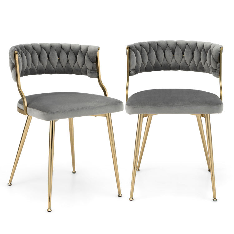 Set of 2 Velvet Dining Chair Set Woven Upholstered Side Chair with Curved Backrest and Metal Legs