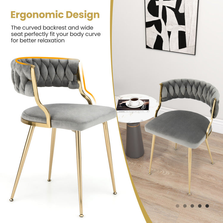 Set of 2 Velvet Dining Chair Set Woven Upholstered Side Chair with Curved Backrest and Metal Legs