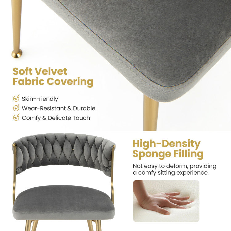 Set of 2 Velvet Dining Chair Set Woven Upholstered Side Chair with Curved Backrest and Metal Legs