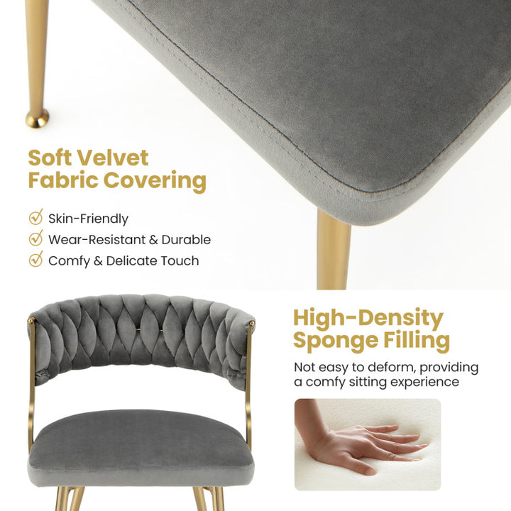 Set of 2 Velvet Dining Chair Set Woven Upholstered Side Chair with Curved Backrest and Metal Legs