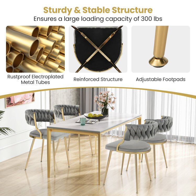 Set of 2 Velvet Dining Chair Set Woven Upholstered Side Chair with Curved Backrest and Metal Legs
