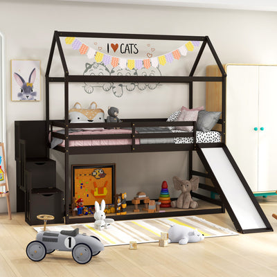 Solid Wood House Bunk Bed Twin Over Twin Loft Bed Frame with Slide and Storage Stairs for Kids Teens