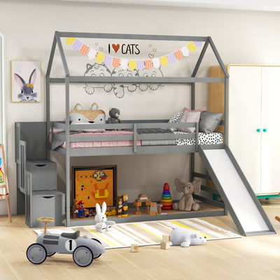 Solid Wood House Bunk Bed Twin Over Twin Loft Bed Frame with Slide and Storage Stairs for Kids Teens