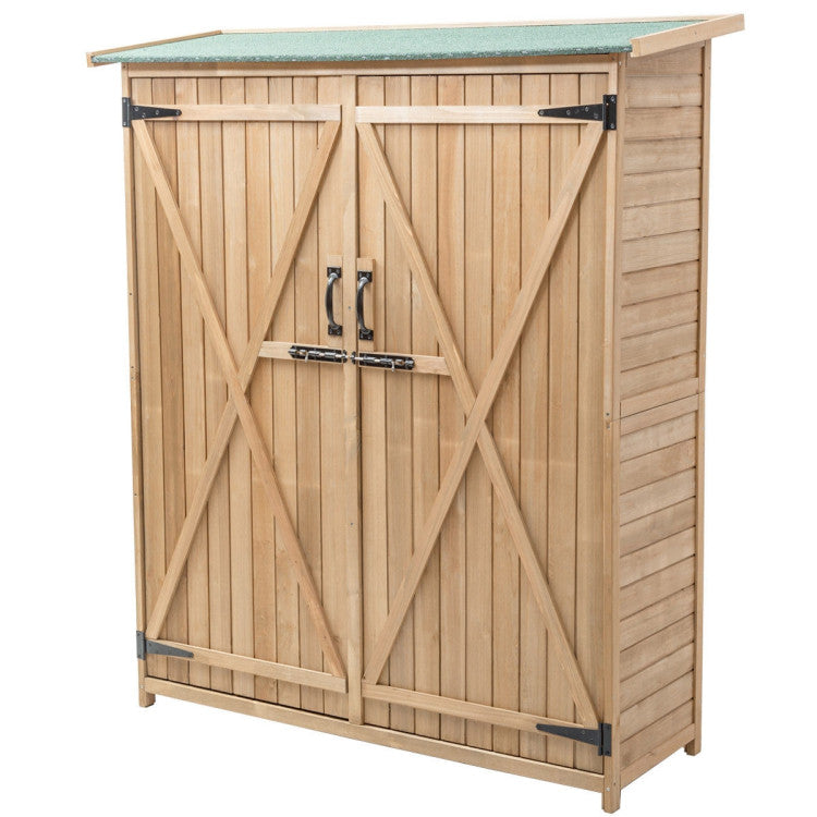 64 Inch Outdoor Solid Wooden Storage Shed Garden Wood Tools Cabinet with Waterproof Roof and Locking Latch