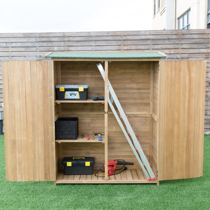 64 Inch Outdoor Solid Wooden Storage Shed Garden Wood Tools Cabinet with Waterproof Roof and Locking Latch