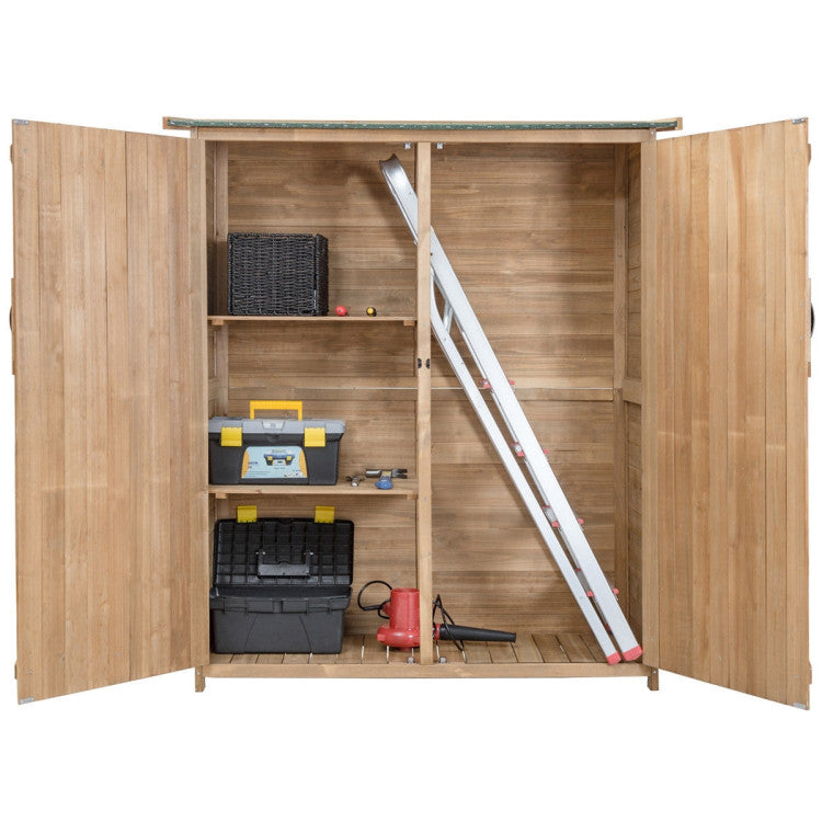 64 Inch Outdoor Solid Wooden Storage Shed Garden Wood Tools Cabinet with Waterproof Roof and Locking Latch