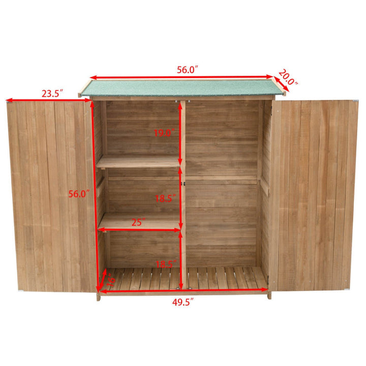 64 Inch Outdoor Solid Wooden Storage Shed Garden Wood Tools Cabinet with Waterproof Roof and Locking Latch