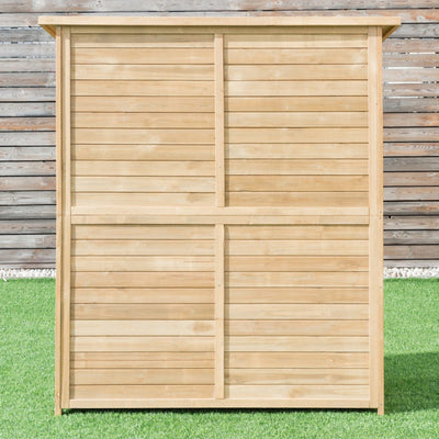 64 Inch Outdoor Solid Wooden Storage Shed Garden Wood Tools Cabinet with Waterproof Roof and Locking Latch