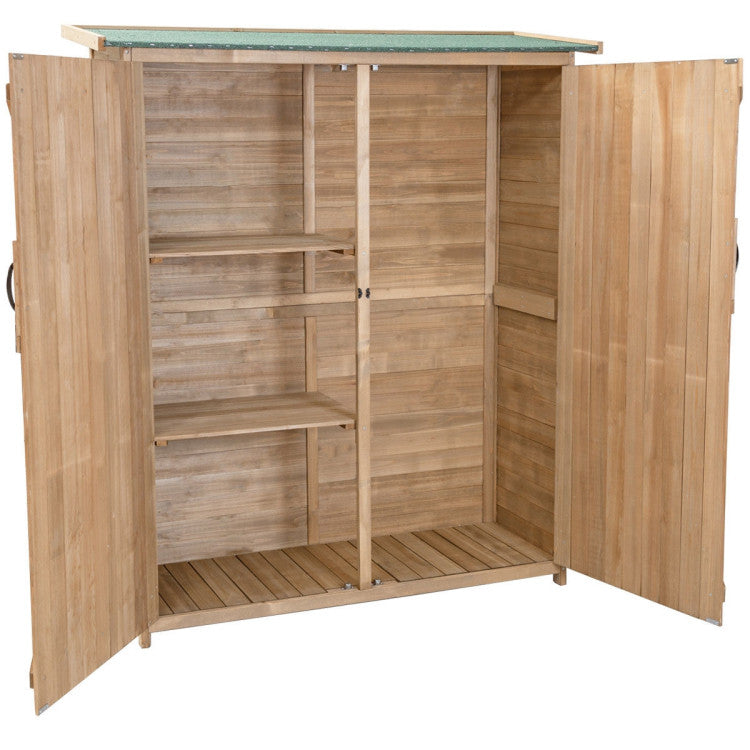 64 Inch Outdoor Solid Wooden Storage Shed Garden Wood Tools Cabinet with Waterproof Roof and Locking Latch