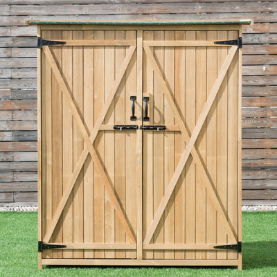 64 Inch Outdoor Solid Wooden Storage Shed Garden Wood Tools Cabinet with Waterproof Roof and Locking Latch