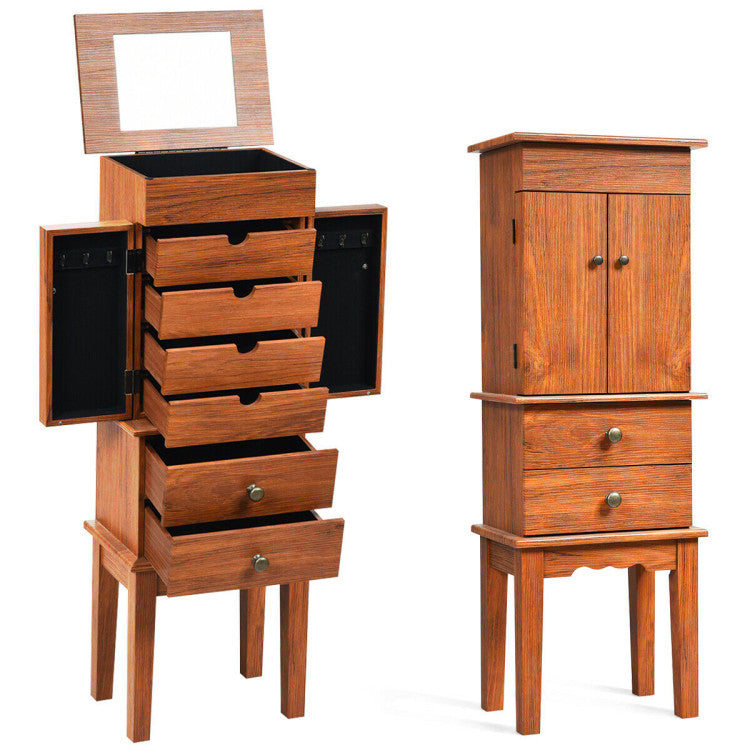Standing Jewelry Cabinet Vintage Armoire Jewelry Boxes with Drawers and Top Flip Makeup Mirror
