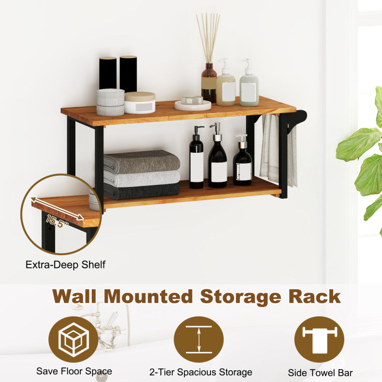 Teak Wood Wall Mounted Floating Shelves with Towel Bar
