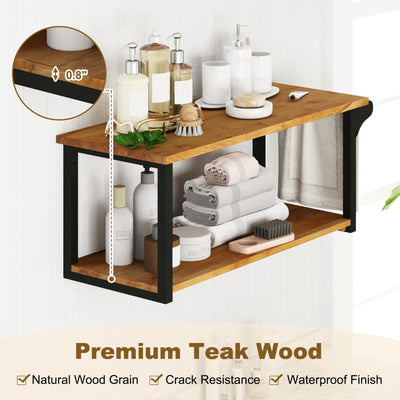 Teak Wood Wall Mounted Floating Shelves with Towel Bar
