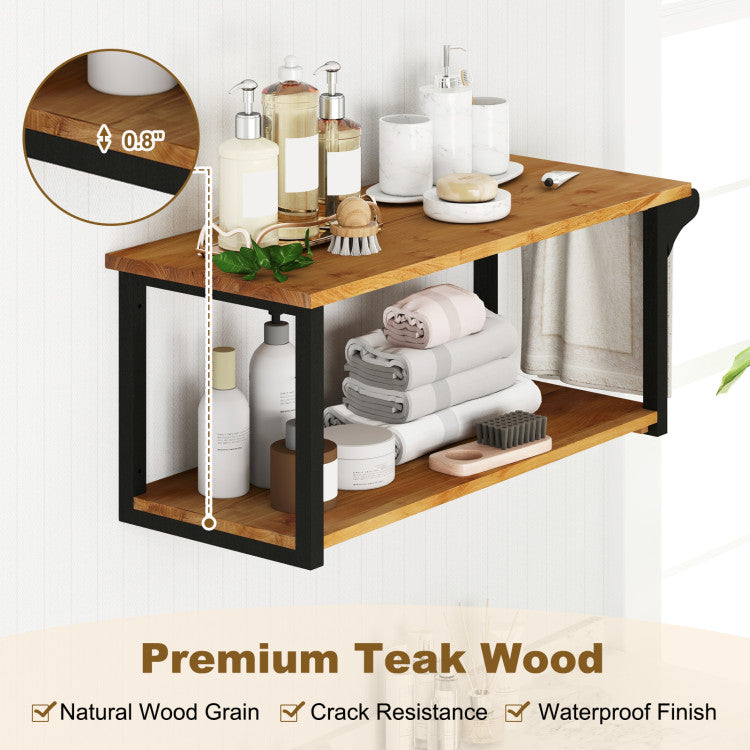 Teak Wood Wall Mounted Floating Shelves with Towel Bar
