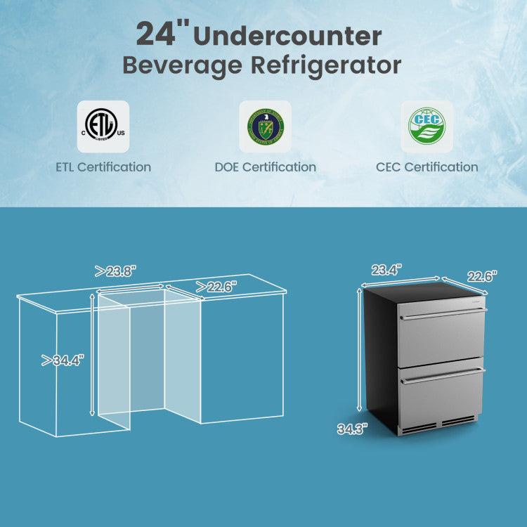 24 Inch Under Counter Dual Drawer Fridge with 37℉-64℉ Temperature Range